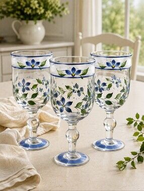 Vintage Hand Painted Blue Floral Glass Goblets Set of 3 Summer Breeze Style